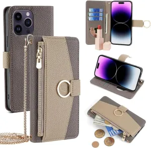 Wallet Case with Crossbody Strap Compatible for Sharp Aquos Sense 9, Magnetic Handbag Zipper Pocket Cases PU Leather Flip Shockproof Cover with Kickstand, Gray
