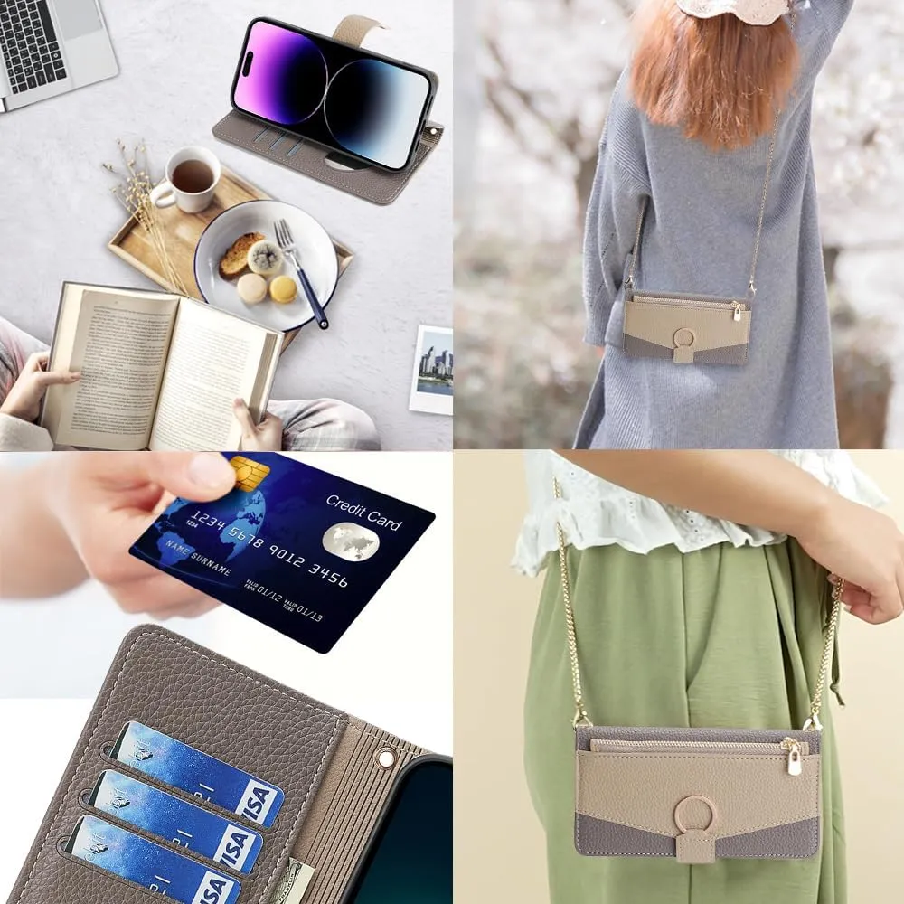 Wallet Case with Crossbody Strap Compatible for Sharp Aquos Sense 9, Magnetic Handbag Zipper Pocket Cases PU Leather Flip Shockproof Cover with Kickstand, Gray