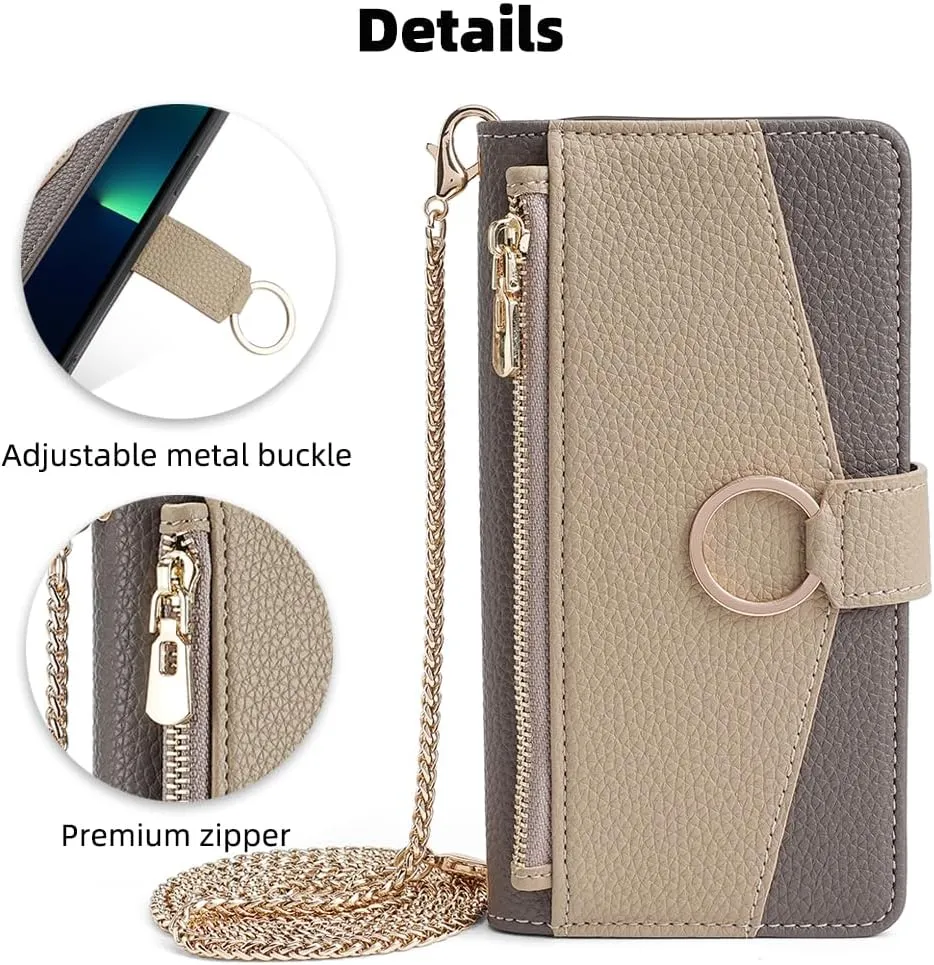 Wallet Case with Crossbody Strap Compatible for Sharp Aquos Sense 9, Magnetic Handbag Zipper Pocket Cases PU Leather Flip Shockproof Cover with Kickstand, Gray