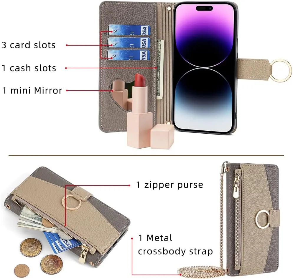 Wallet Case with Crossbody Strap Compatible for Sharp Aquos Sense 9, Magnetic Handbag Zipper Pocket Cases PU Leather Flip Shockproof Cover with Kickstand, Gray