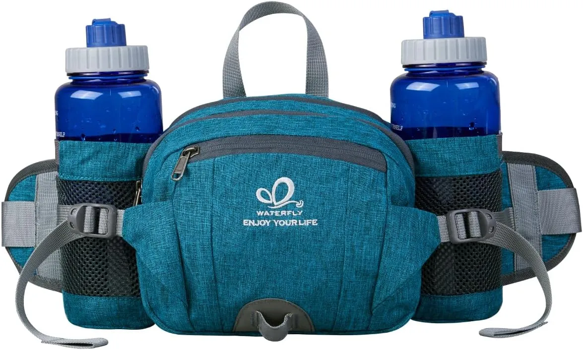 WATERFLY Fanny Pack Waist Bag: Fannie Pack 2 Water Bottle Holders Lumbar Belt Hiking Walking Running Jogging Camping Large Woman Man (Bottle Not Included）