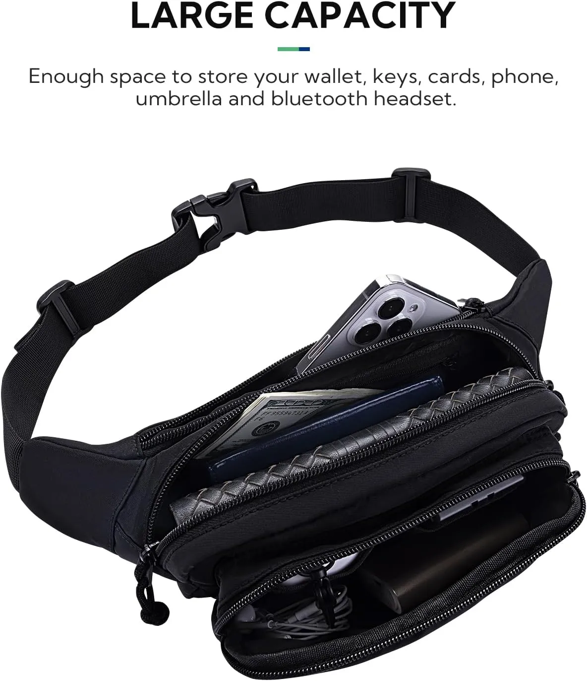 WATERFLY Fanny Pack Waist Packs: Crossbody Belt Bag Fanny Packs for Women Men with 5 Zipper Pockets Adjustable Strap Waist Bag Hip Pack for Traveling Cycling Running Hiking
