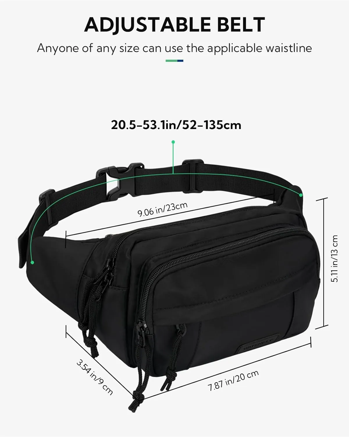 WATERFLY Fanny Pack Waist Packs: Crossbody Belt Bag Fanny Packs for Women Men with 5 Zipper Pockets Adjustable Strap Waist Bag Hip Pack for Traveling Cycling Running Hiking