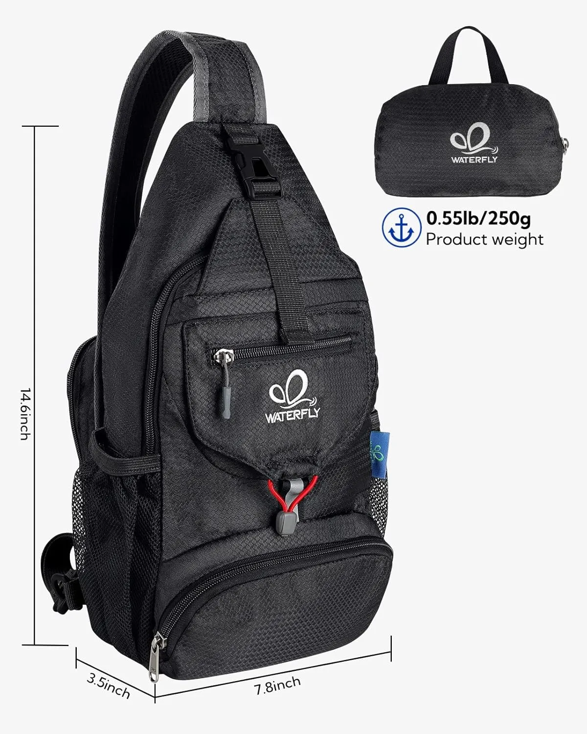 WATERFLY Packable Small Crossbody Sling Backpack Shoulder Chest Bag Daypack for Hiking Traveling
