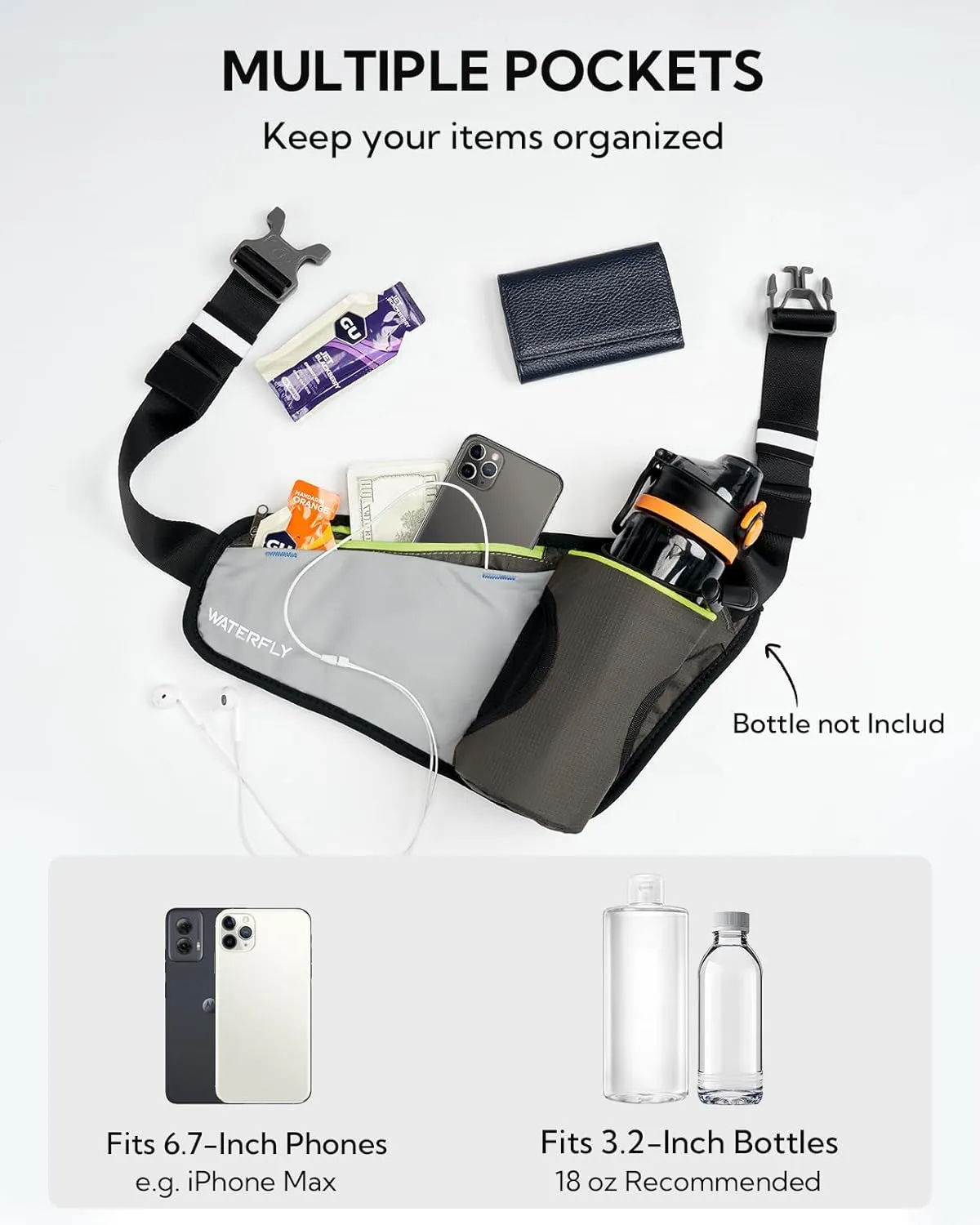 WATERFLY Running Water Bottle Belt: Hydration Fanny Pack Waist Bag for Women Men with Bottle Holder Hip Pack for Runners Walking Hiking Jogging