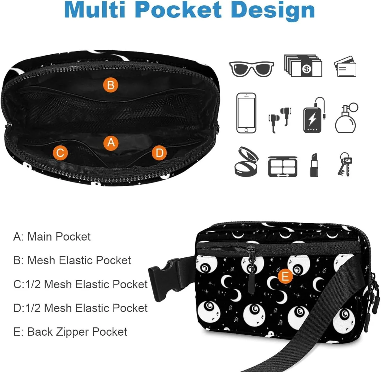 Waterproof Fanny Pack Black Belt Bag with Adjustable Strap for Women and Men,Black Yiyang Pattern Crossbody Fanny Bag with Zipper for Hiking Running Travel