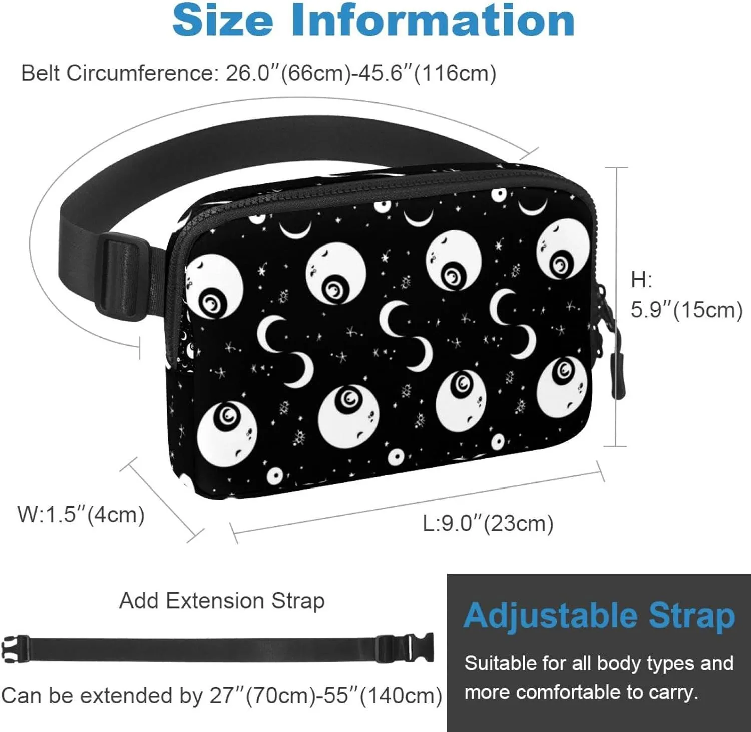Waterproof Fanny Pack Black Belt Bag with Adjustable Strap for Women and Men,Black Yiyang Pattern Crossbody Fanny Bag with Zipper for Hiking Running Travel