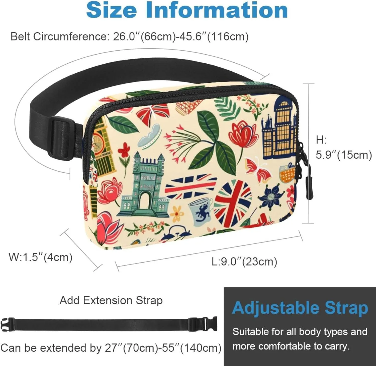 Waterproof Fanny Pack Black Belt Bag with Adjustable Strap for Women and Men,Cartoon England Architecture Crossbody Fanny Bag with Zipper for Hiking Running Travel