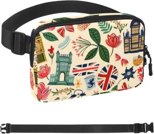 Waterproof Fanny Pack Black Belt Bag with Adjustable Strap for Women and Men,Cartoon England Architecture Crossbody Fanny Bag with Zipper for Hiking Running Travel