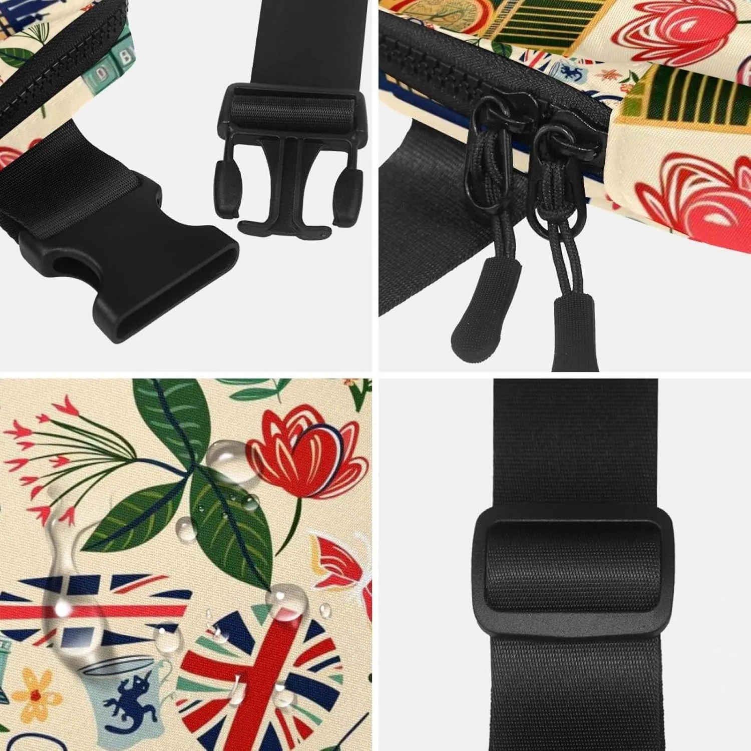 Waterproof Fanny Pack Black Belt Bag with Adjustable Strap for Women and Men,Cartoon England Architecture Crossbody Fanny Bag with Zipper for Hiking Running Travel