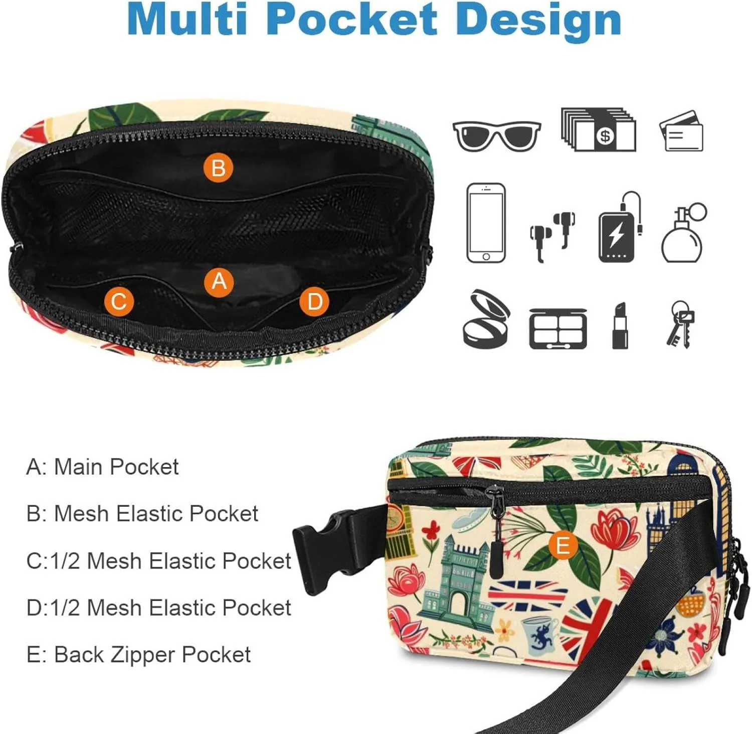 Waterproof Fanny Pack Black Belt Bag with Adjustable Strap for Women and Men,Cartoon England Architecture Crossbody Fanny Bag with Zipper for Hiking Running Travel