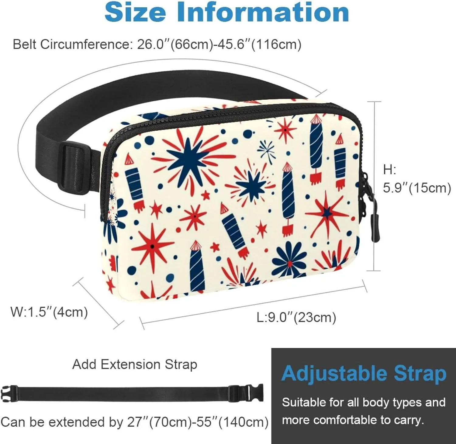 Waterproof Fanny Pack Black Belt Bag with Adjustable Strap for Women and Men,Cartoon Independence Pattern Crossbody Fanny Bag with Zipper for Hiking Running Travel