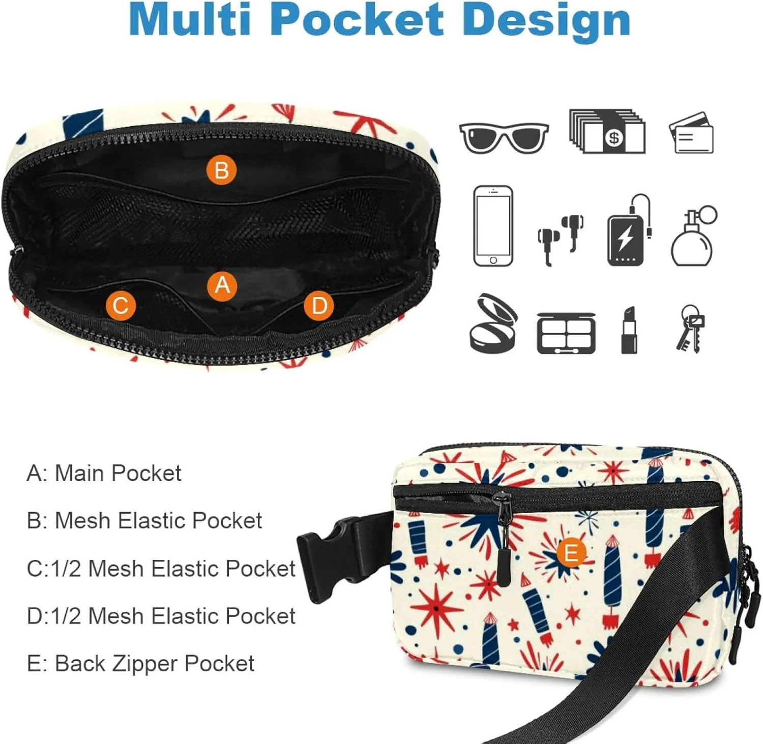 Waterproof Fanny Pack Black Belt Bag with Adjustable Strap for Women and Men,Cartoon Independence Pattern Crossbody Fanny Bag with Zipper for Hiking Running Travel