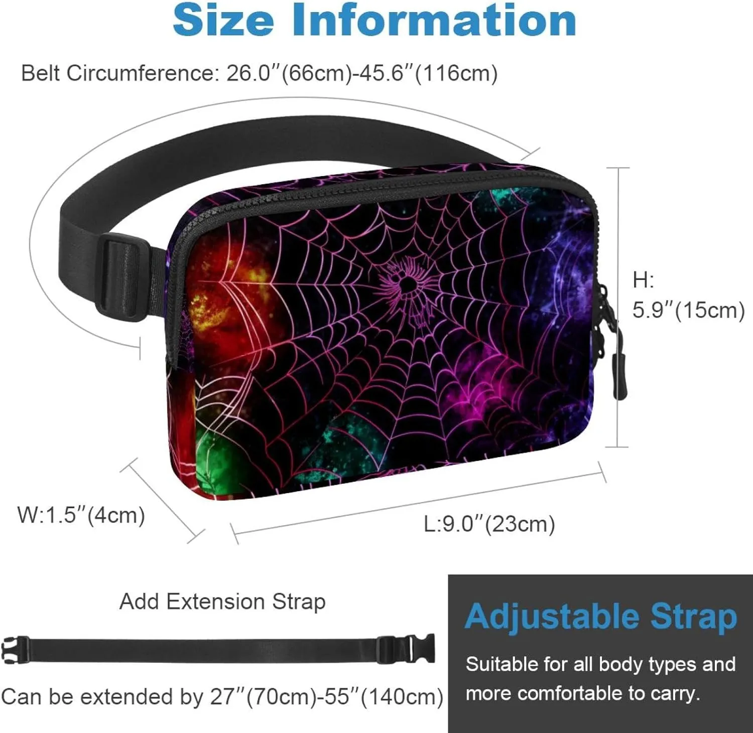 Waterproof Fanny Pack Black Belt Bag with Adjustable Strap for Women and Men,Colorful Halloween Spider Web Crossbody Fanny Bag with Zipper for Hiking Running Travel