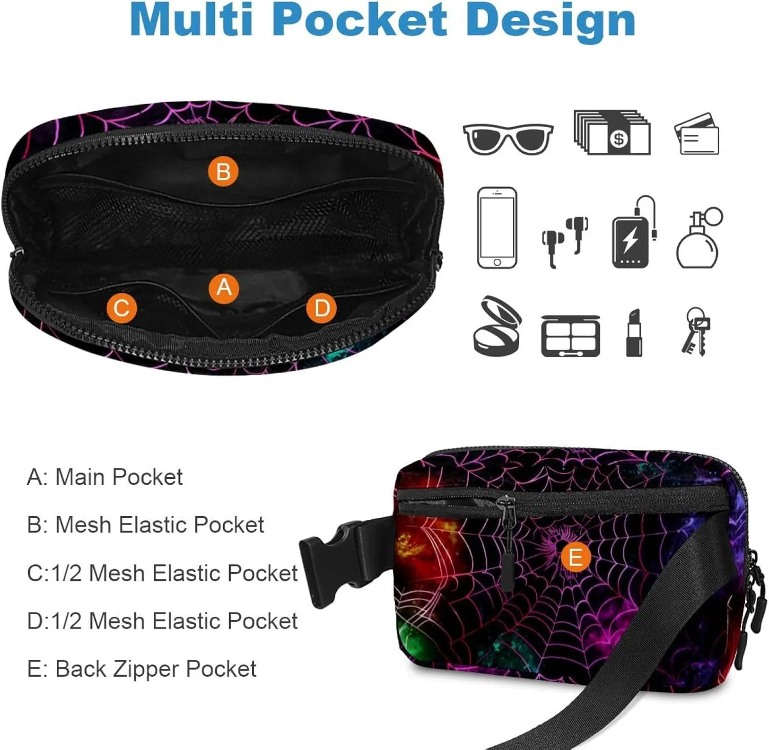 Waterproof Fanny Pack Black Belt Bag with Adjustable Strap for Women and Men,Colorful Halloween Spider Web Crossbody Fanny Bag with Zipper for Hiking Running Travel