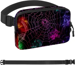 Waterproof Fanny Pack Black Belt Bag with Adjustable Strap for Women and Men,Colorful Halloween Spider Web Crossbody Fanny Bag with Zipper for Hiking Running Travel