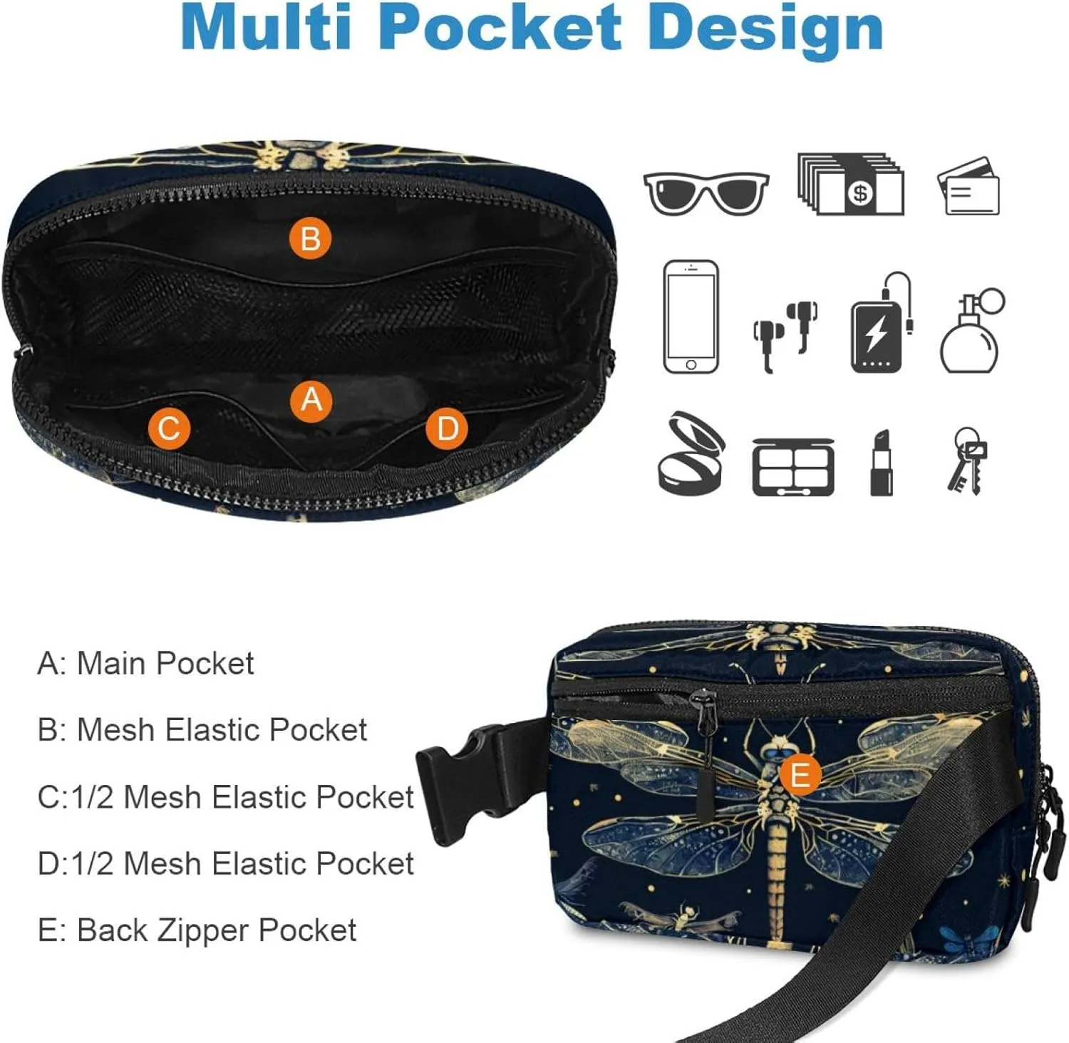 Waterproof Fanny Pack Black Belt Bag with Adjustable Strap for Women and Men,Dark Dragonfly Pattern Crossbody Fanny Bag with Zipper for Hiking Running Travel