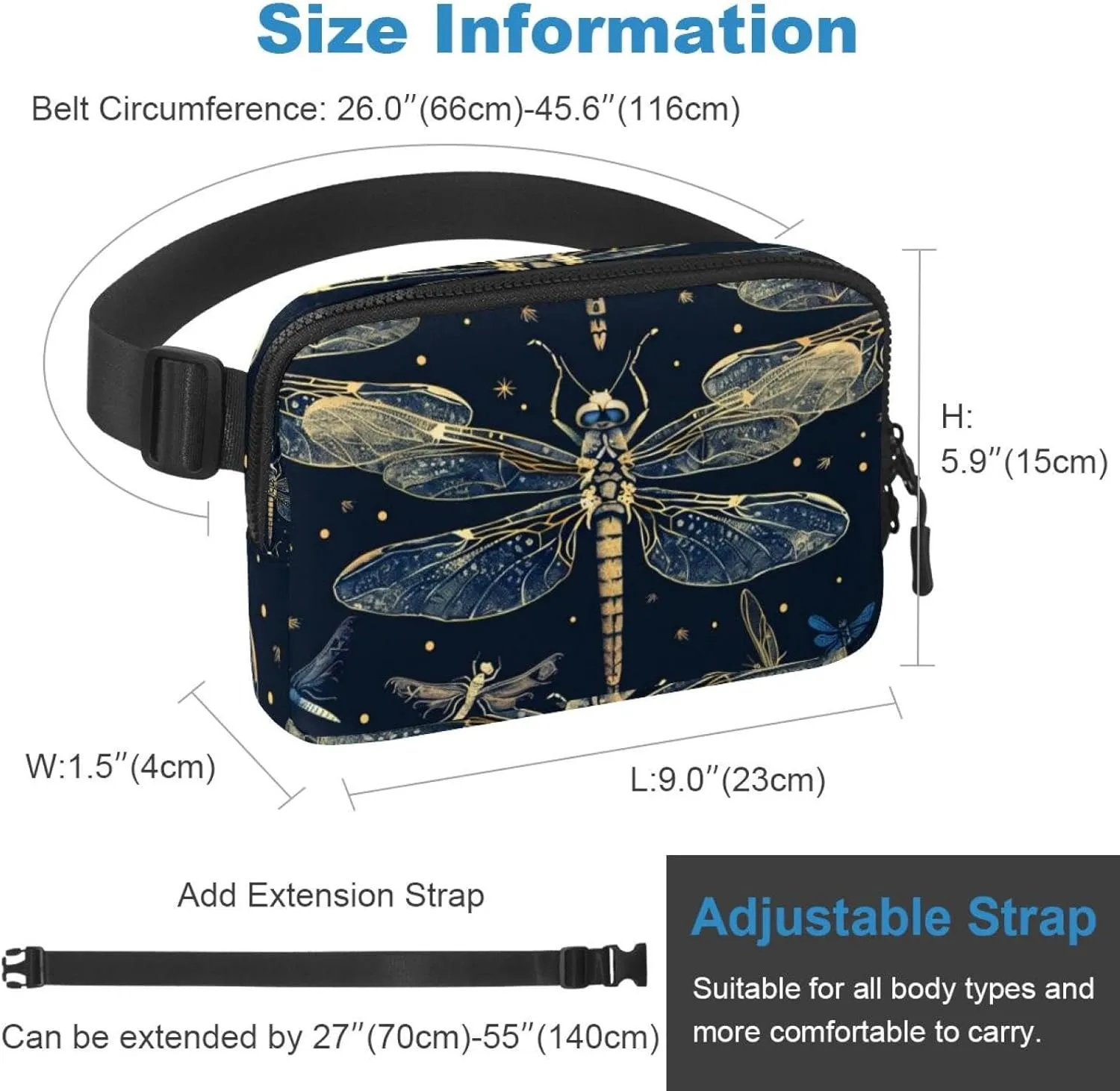 Waterproof Fanny Pack Black Belt Bag with Adjustable Strap for Women and Men,Dark Dragonfly Pattern Crossbody Fanny Bag with Zipper for Hiking Running Travel