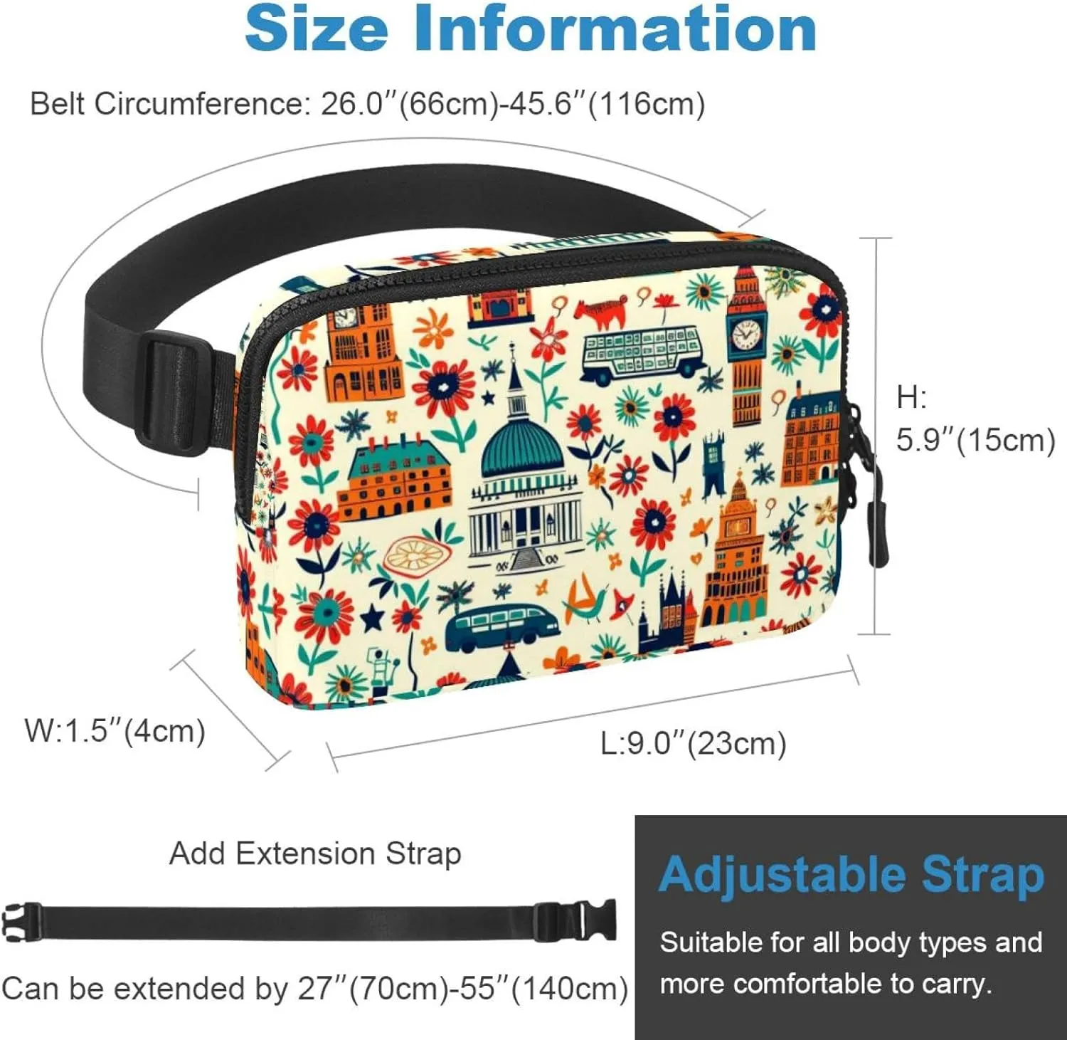 Waterproof Fanny Pack Black Belt Bag with Adjustable Strap for Women and Men,England Architecture Crossbody Fanny Bag with Zipper for Hiking Running Travel