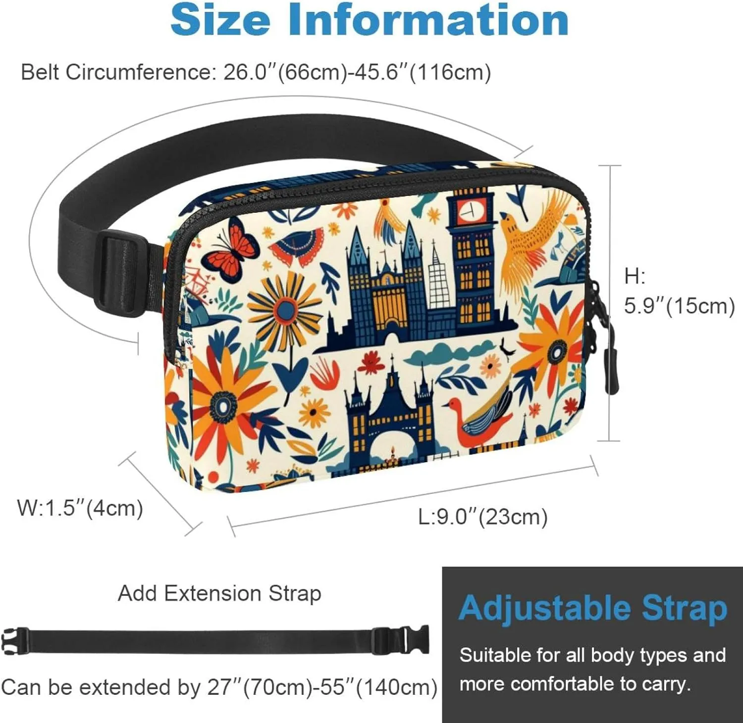 Waterproof Fanny Pack Black Belt Bag with Adjustable Strap for Women and Men,England Architecture Pattern Crossbody Fanny Bag with Zipper for Hiking Running Travel