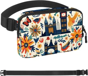 Waterproof Fanny Pack Black Belt Bag with Adjustable Strap for Women and Men,England Architecture Pattern Crossbody Fanny Bag with Zipper for Hiking Running Travel