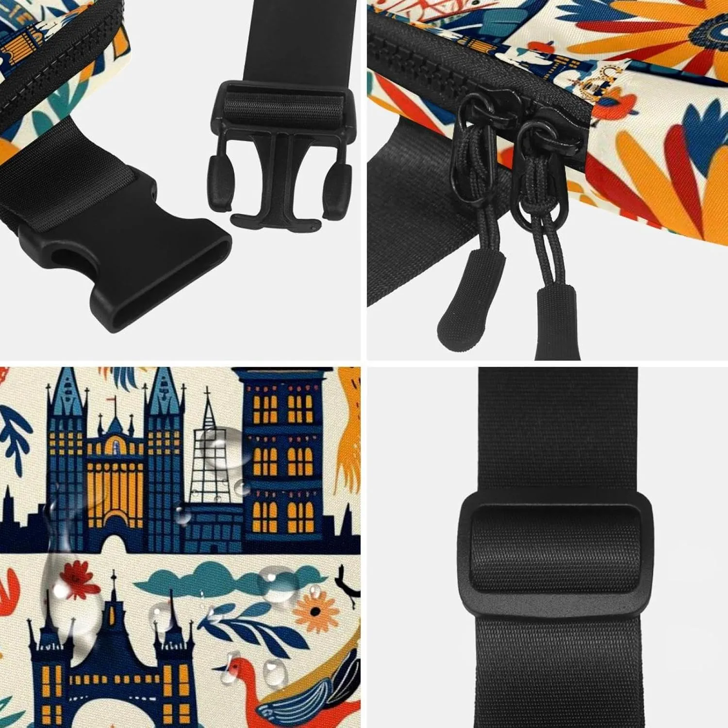 Waterproof Fanny Pack Black Belt Bag with Adjustable Strap for Women and Men,England Architecture Pattern Crossbody Fanny Bag with Zipper for Hiking Running Travel