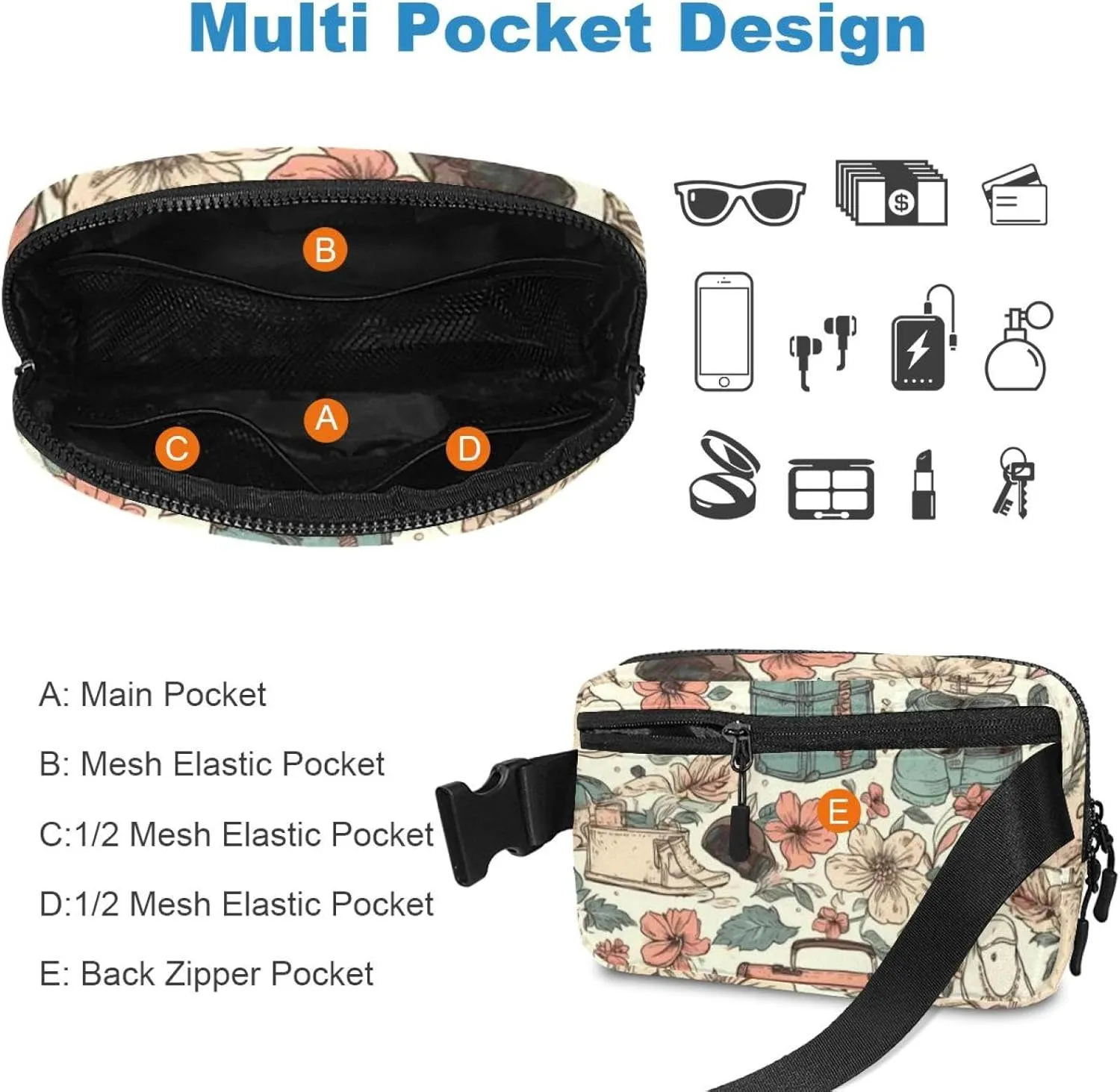 Waterproof Fanny Pack Black Belt Bag with Adjustable Strap for Women and Men,Flowers Travel Crossbody Fanny Bag with Zipper for Hiking Running Travel