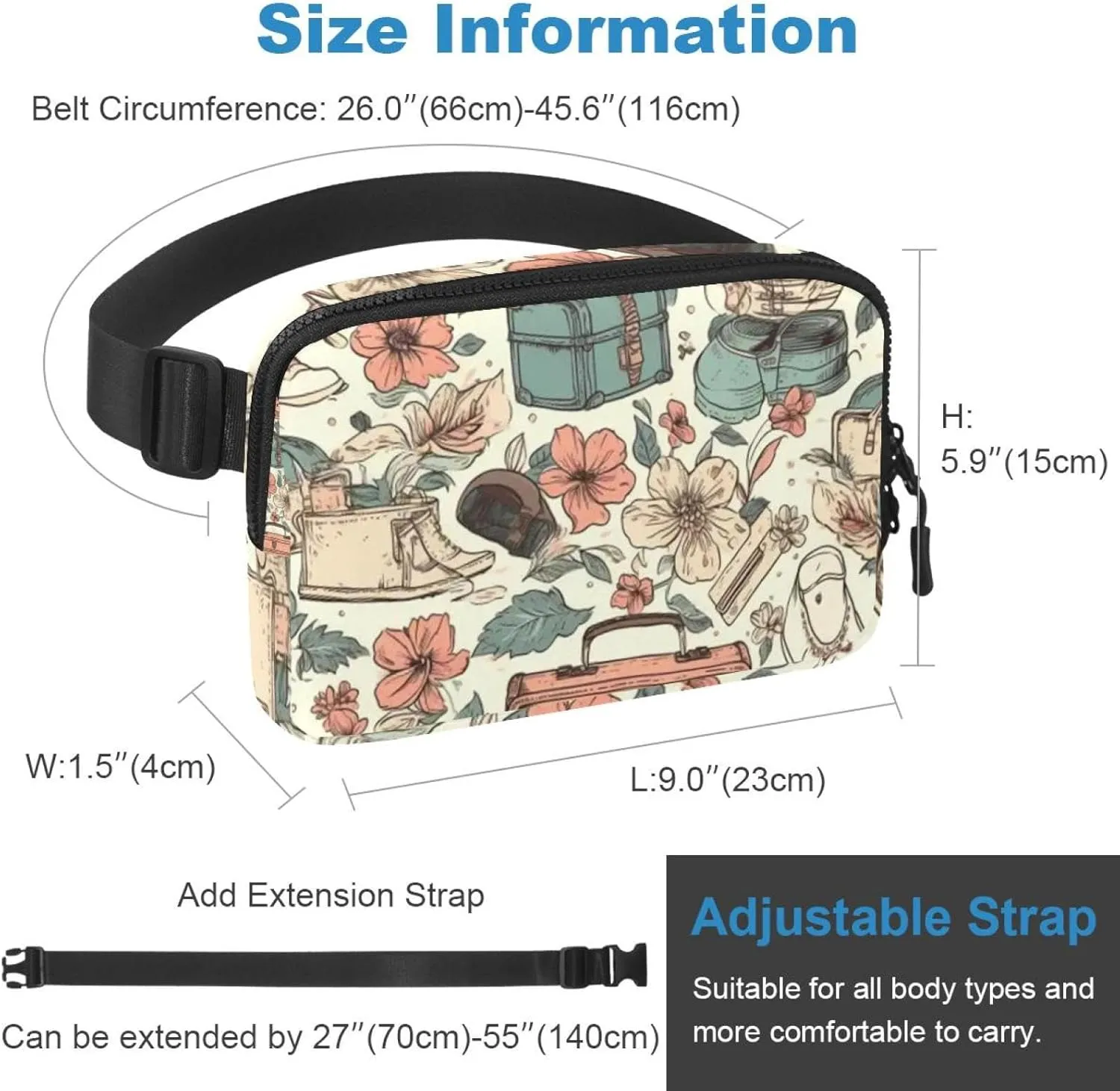 Waterproof Fanny Pack Black Belt Bag with Adjustable Strap for Women and Men,Flowers Travel Crossbody Fanny Bag with Zipper for Hiking Running Travel