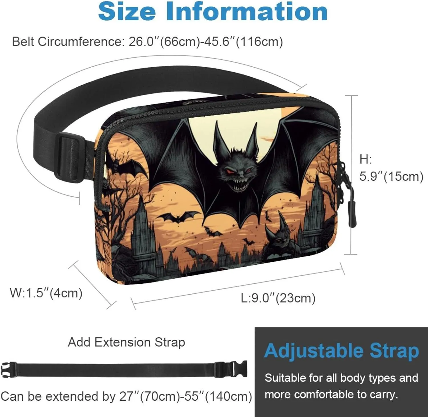 Waterproof Fanny Pack Black Belt Bag with Adjustable Strap for Women and Men,Halloween Bats G Crossbody Fanny Bag with Zipper for Hiking Running Travel