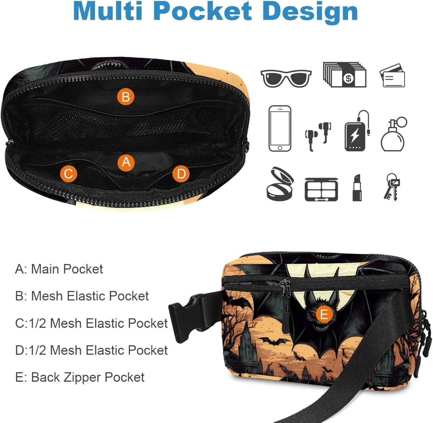 Waterproof Fanny Pack Black Belt Bag with Adjustable Strap for Women and Men,Halloween Bats G Crossbody Fanny Bag with Zipper for Hiking Running Travel