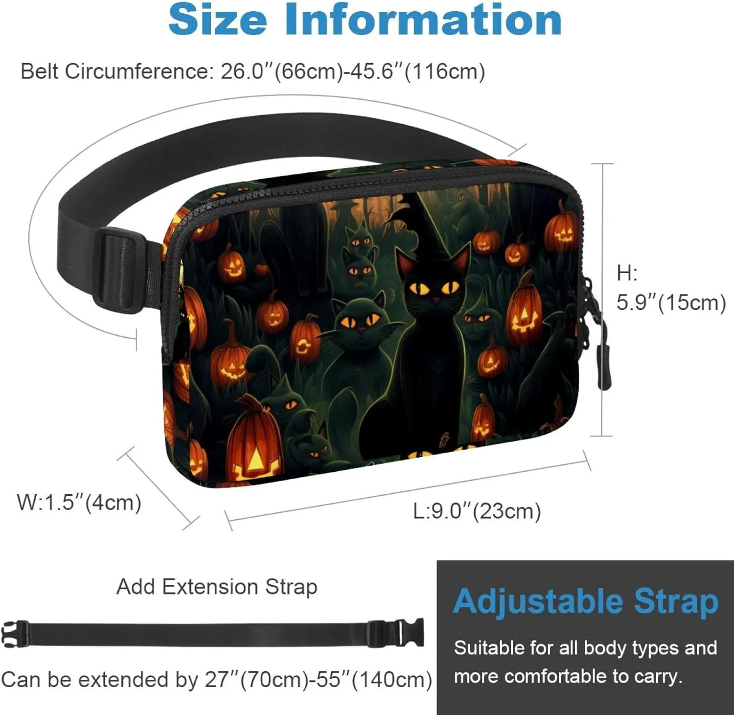 Waterproof Fanny Pack Black Belt Bag with Adjustable Strap for Women and Men,Halloween Cat F Crossbody Fanny Bag with Zipper for Hiking Running Travel
