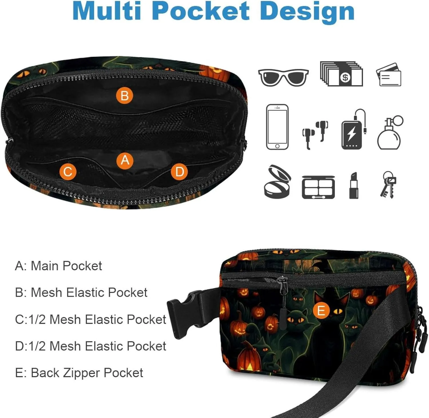 Waterproof Fanny Pack Black Belt Bag with Adjustable Strap for Women and Men,Halloween Cat F Crossbody Fanny Bag with Zipper for Hiking Running Travel