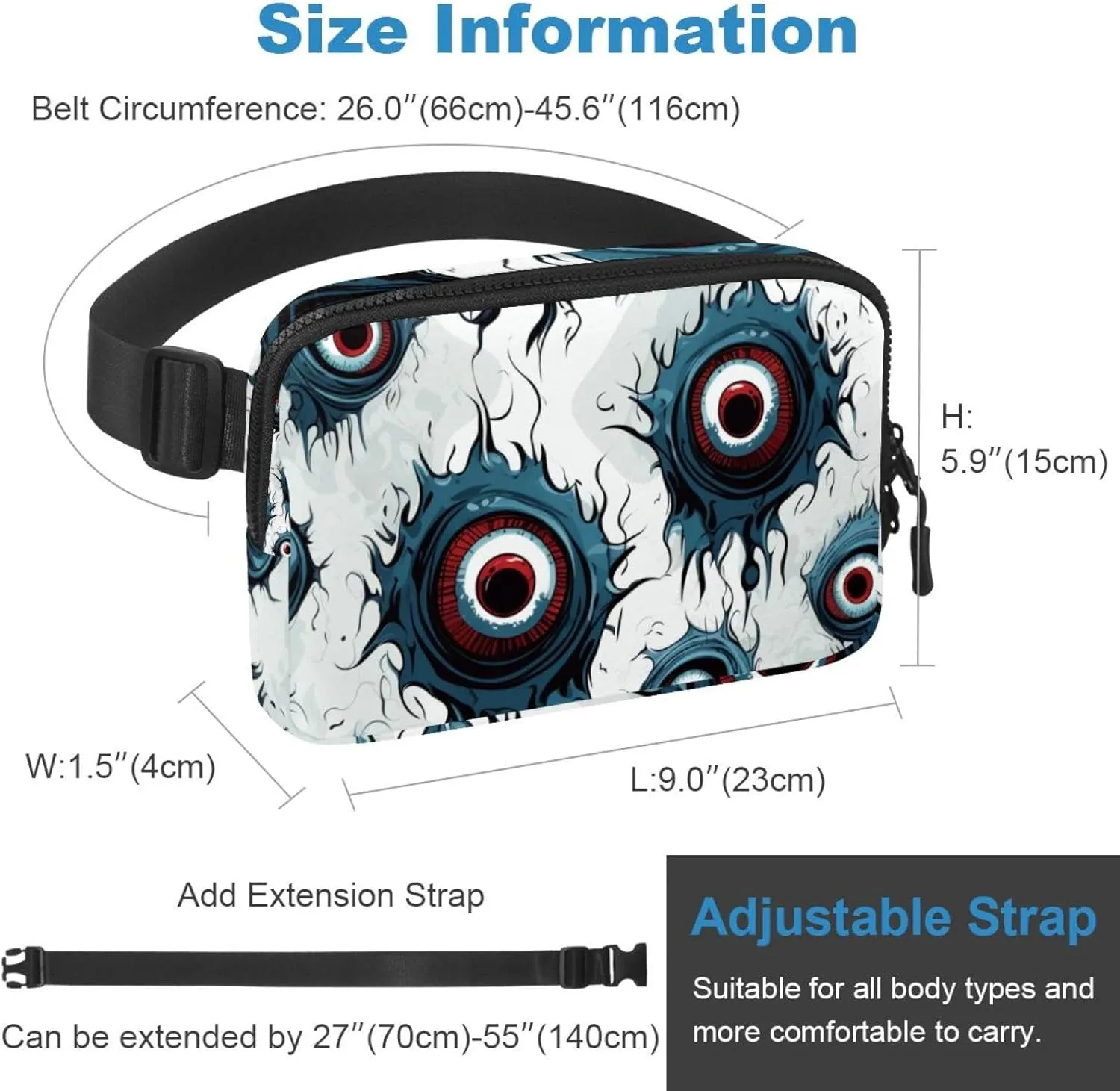 Waterproof Fanny Pack Black Belt Bag with Adjustable Strap for Women and Men,Halloween Eyeball a Crossbody Fanny Bag with Zipper for Hiking Running Travel
