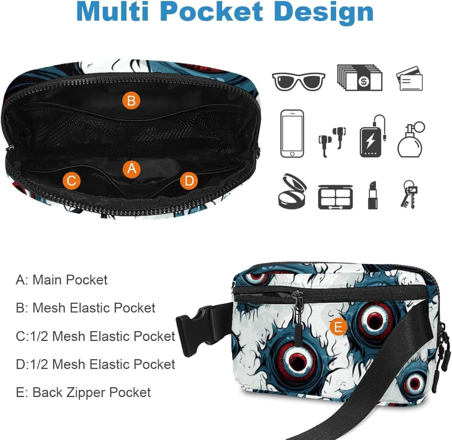 Waterproof Fanny Pack Black Belt Bag with Adjustable Strap for Women and Men,Halloween Eyeball a Crossbody Fanny Bag with Zipper for Hiking Running Travel