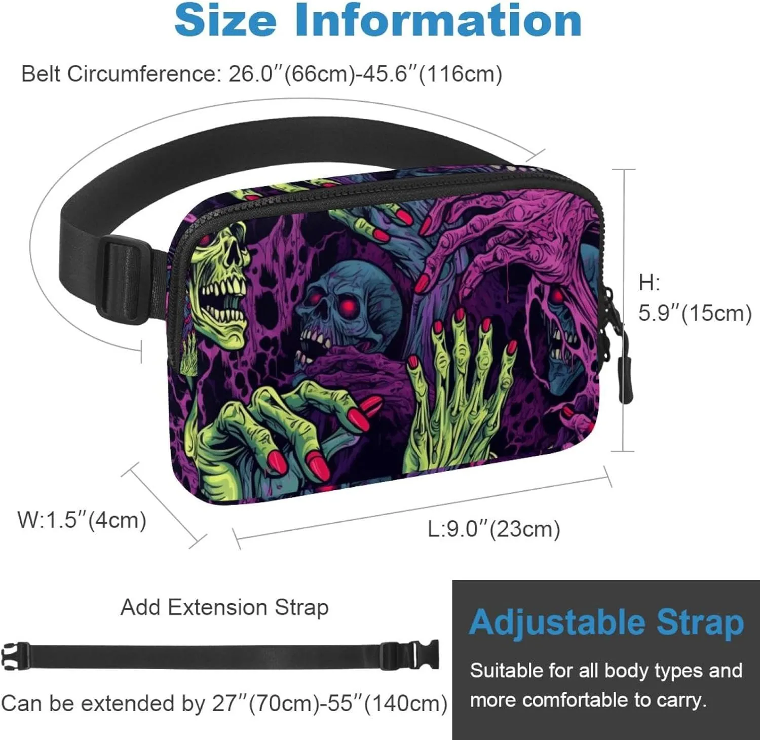 Waterproof Fanny Pack Black Belt Bag with Adjustable Strap for Women and Men,Halloween Zombie Hands D Crossbody Fanny Bag with Zipper for Hiking Running Travel