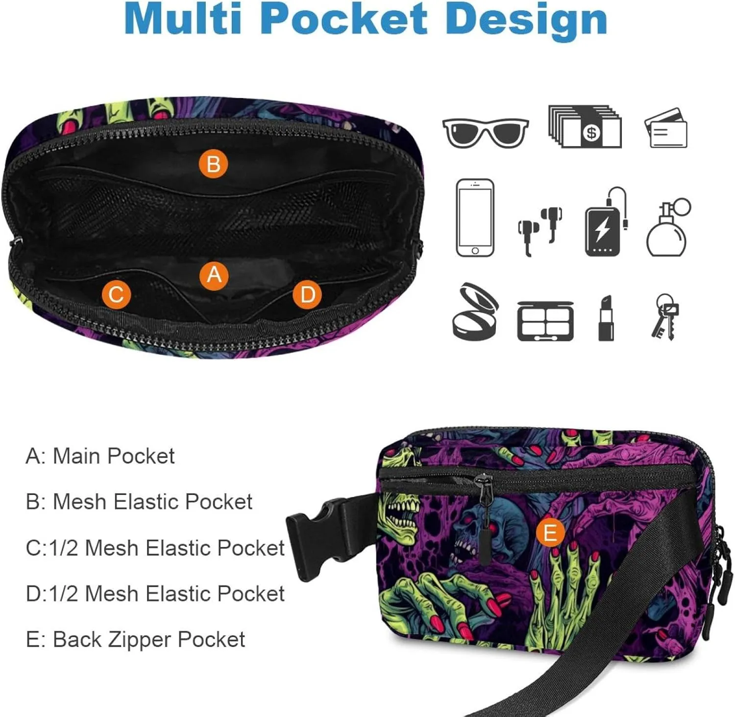 Waterproof Fanny Pack Black Belt Bag with Adjustable Strap for Women and Men,Halloween Zombie Hands D Crossbody Fanny Bag with Zipper for Hiking Running Travel