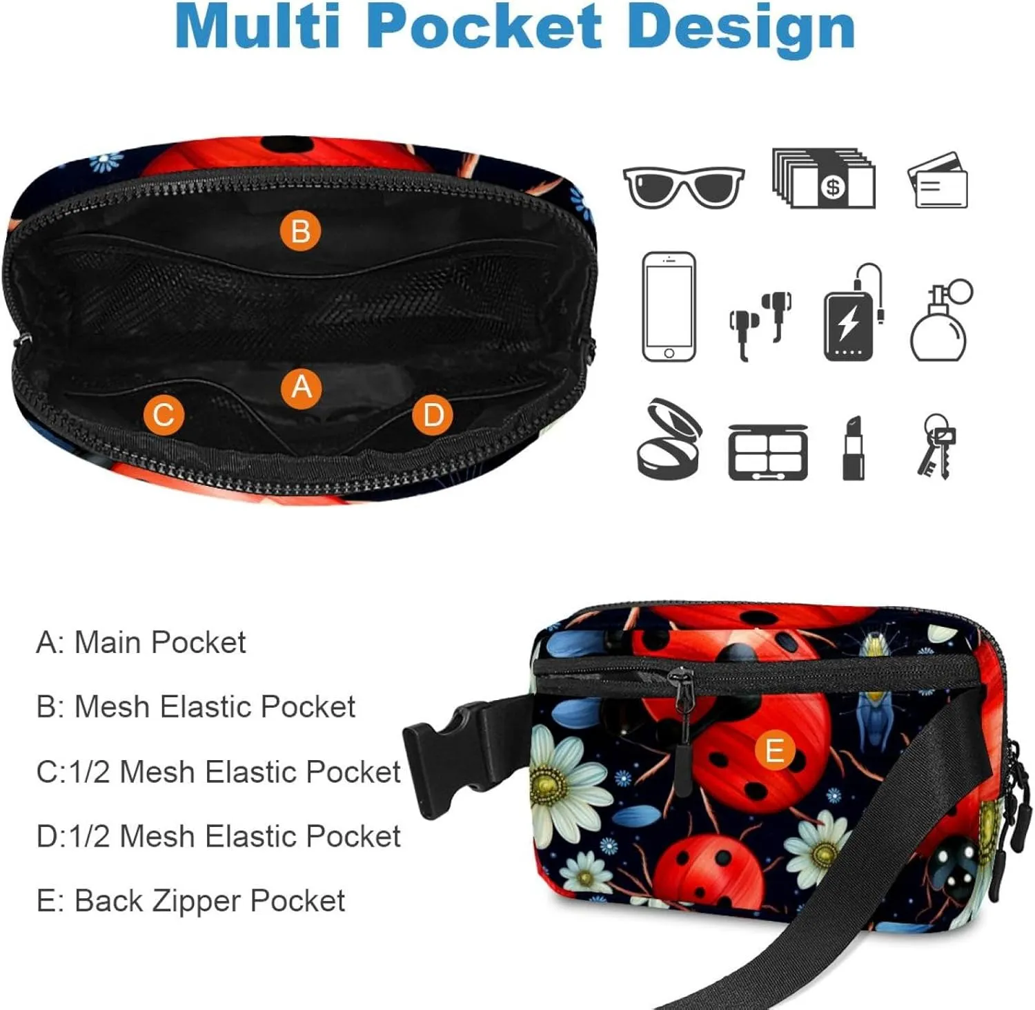 Waterproof Fanny Pack Black Belt Bag with Adjustable Strap for Women and Men,Ladybugs and Insects Crossbody Fanny Bag with Zipper for Hiking Running Travel