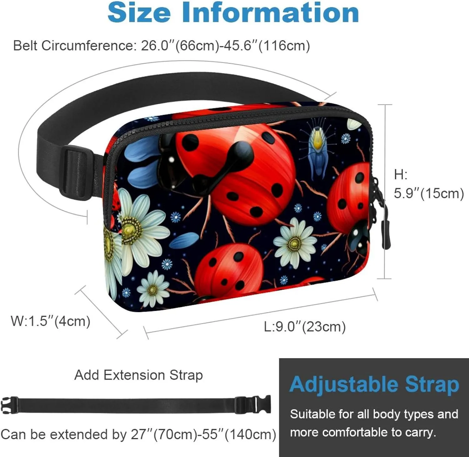 Waterproof Fanny Pack Black Belt Bag with Adjustable Strap for Women and Men,Ladybugs and Insects Crossbody Fanny Bag with Zipper for Hiking Running Travel