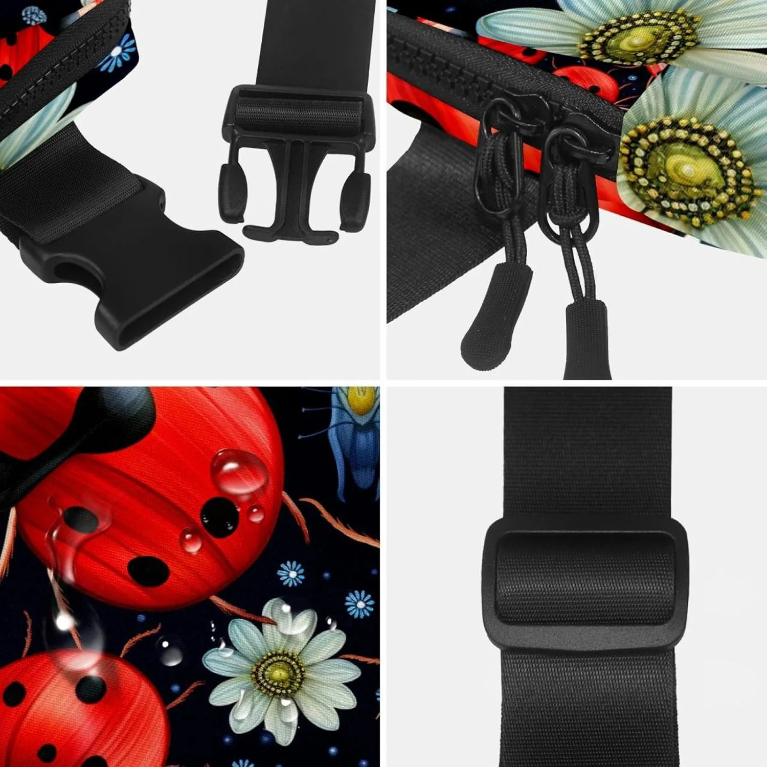 Waterproof Fanny Pack Black Belt Bag with Adjustable Strap for Women and Men,Ladybugs and Insects Crossbody Fanny Bag with Zipper for Hiking Running Travel