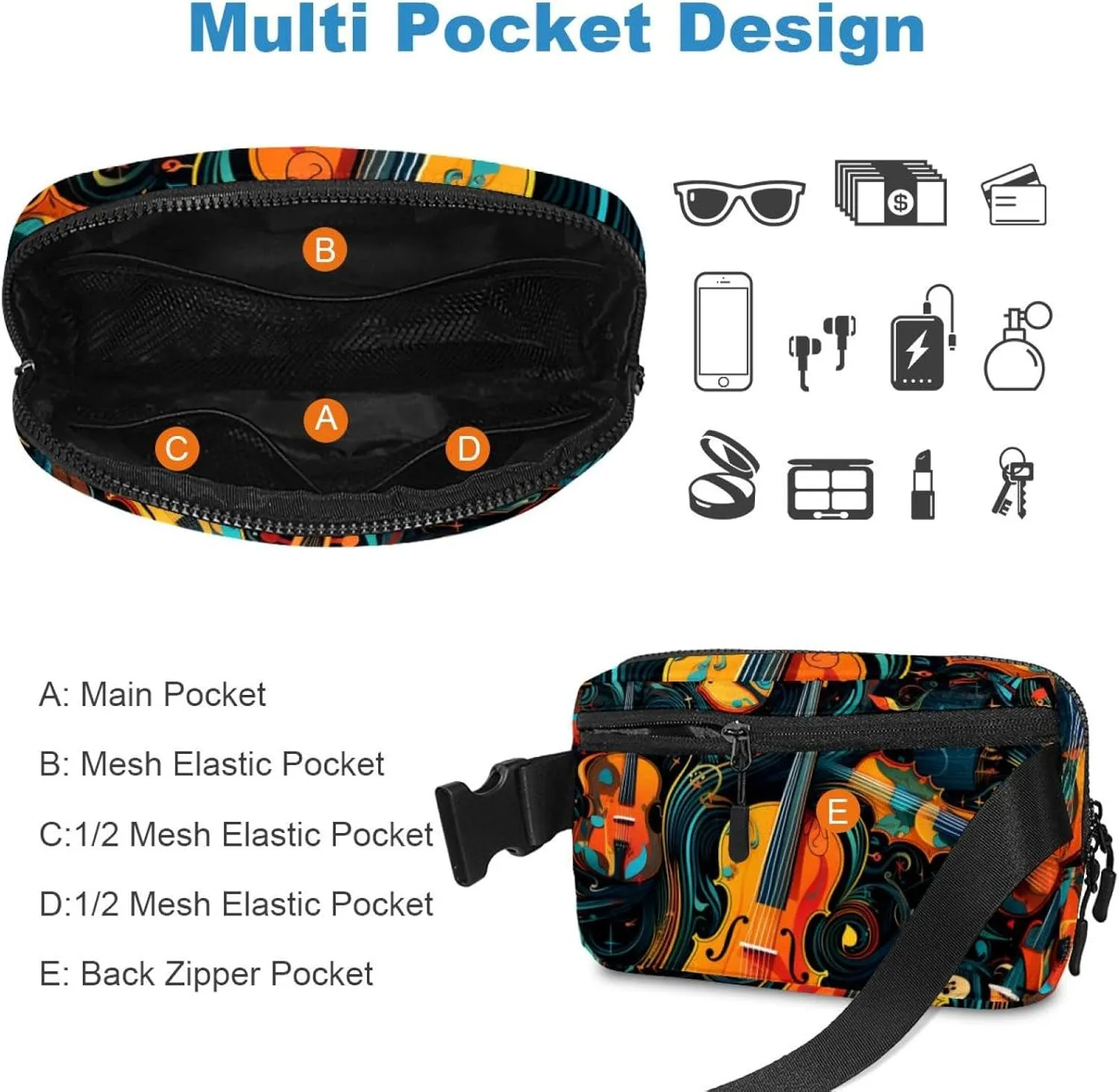 Waterproof Fanny Pack Black Belt Bag with Adjustable Strap for Women and Men,Musical Instruments Crossbody Fanny Bag with Zipper for Hiking Running Travel