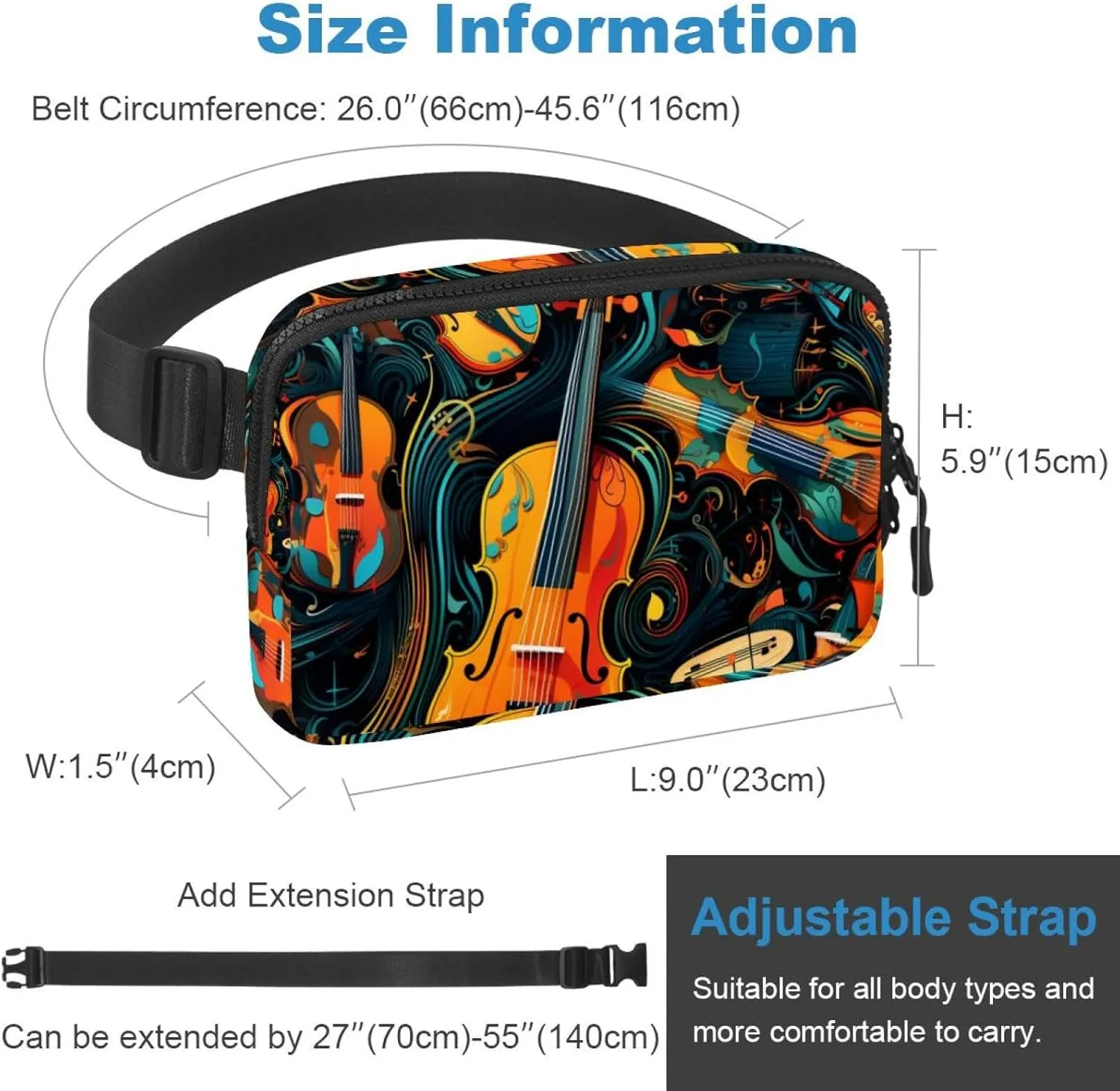 Waterproof Fanny Pack Black Belt Bag with Adjustable Strap for Women and Men,Musical Instruments Crossbody Fanny Bag with Zipper for Hiking Running Travel