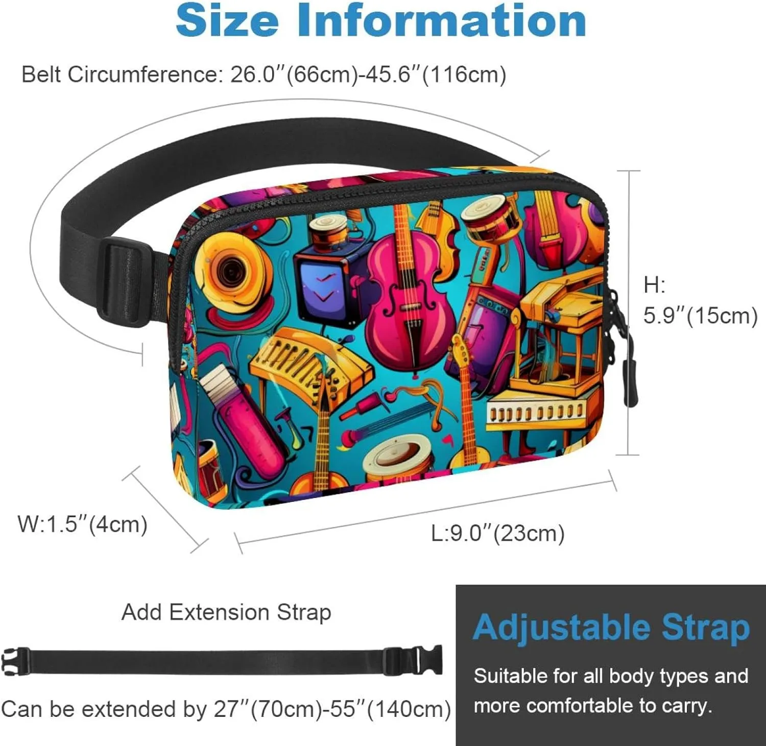 Waterproof Fanny Pack Black Belt Bag with Adjustable Strap for Women and Men,Painted Instrument Crossbody Fanny Bag with Zipper for Hiking Running Travel