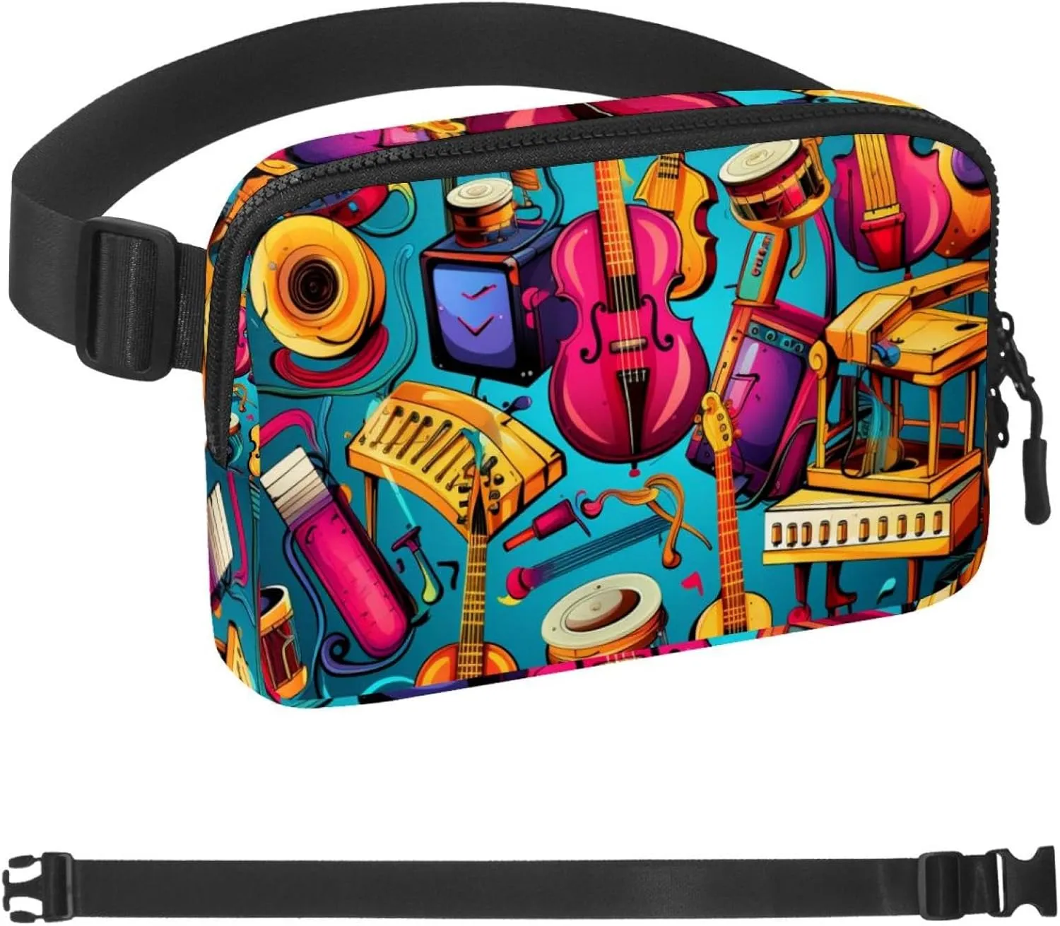 Waterproof Fanny Pack Black Belt Bag with Adjustable Strap for Women and Men,Painted Instrument Crossbody Fanny Bag with Zipper for Hiking Running Travel