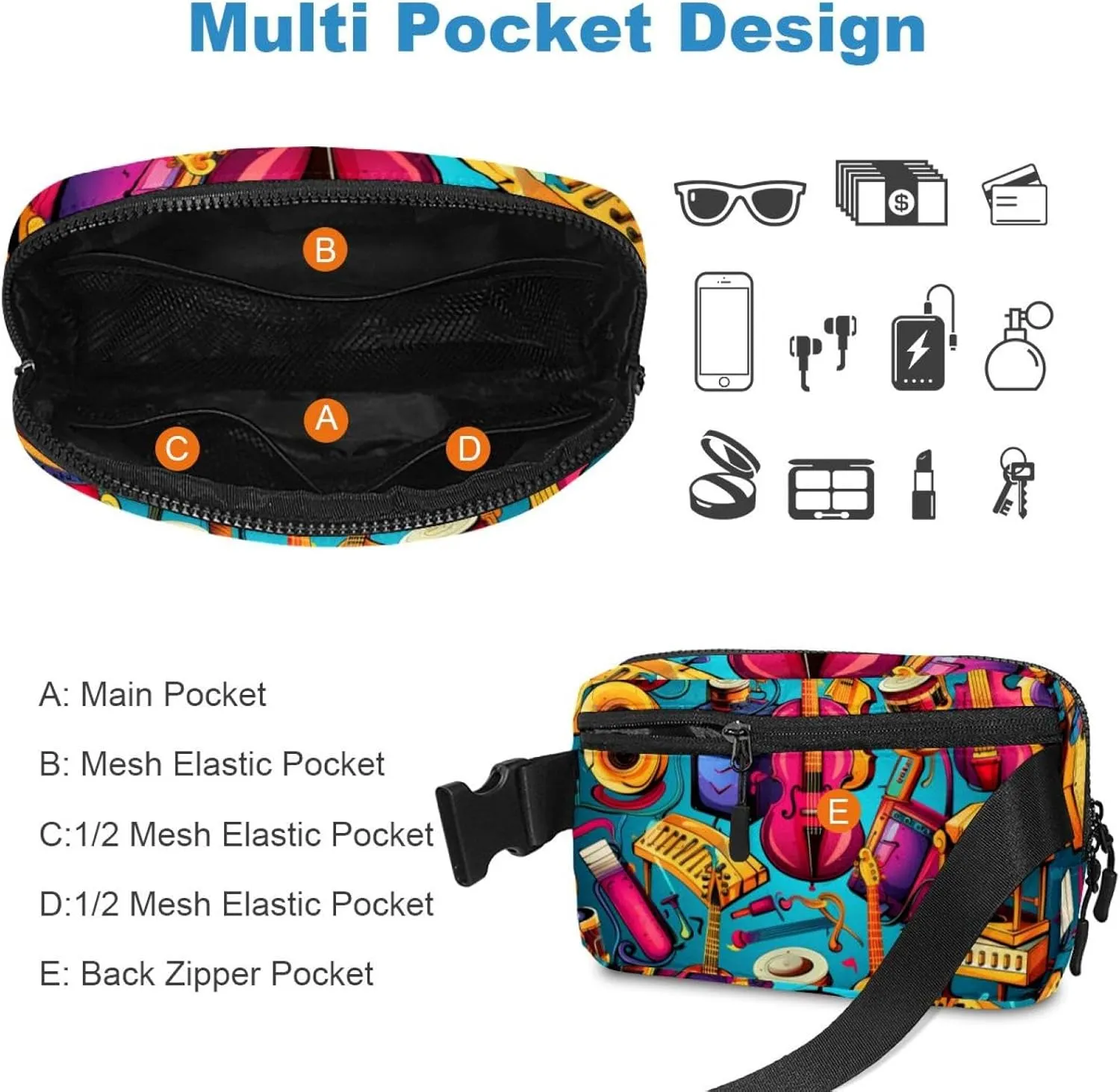 Waterproof Fanny Pack Black Belt Bag with Adjustable Strap for Women and Men,Painted Instrument Crossbody Fanny Bag with Zipper for Hiking Running Travel