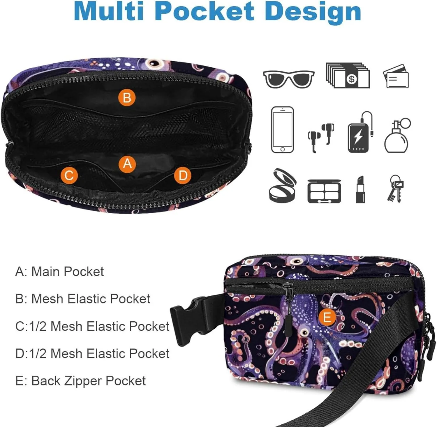 Waterproof Fanny Pack Black Belt Bag with Adjustable Strap for Women and Men,Purple Octopus Pattern Crossbody Fanny Bag with Zipper for Hiking Running Travel