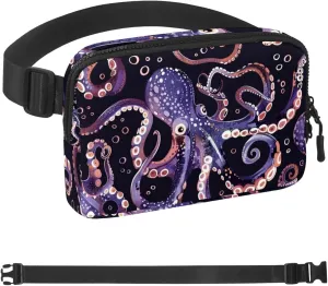 Waterproof Fanny Pack Black Belt Bag with Adjustable Strap for Women and Men,Purple Octopus Pattern Crossbody Fanny Bag with Zipper for Hiking Running Travel
