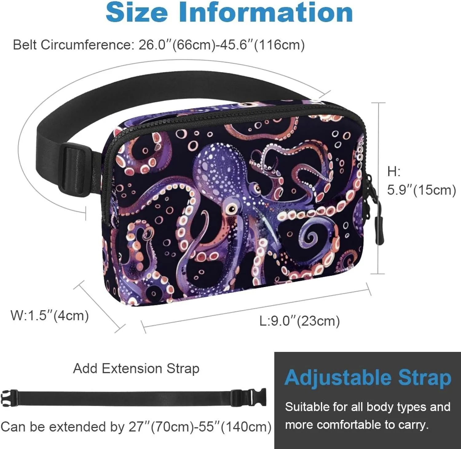 Waterproof Fanny Pack Black Belt Bag with Adjustable Strap for Women and Men,Purple Octopus Pattern Crossbody Fanny Bag with Zipper for Hiking Running Travel