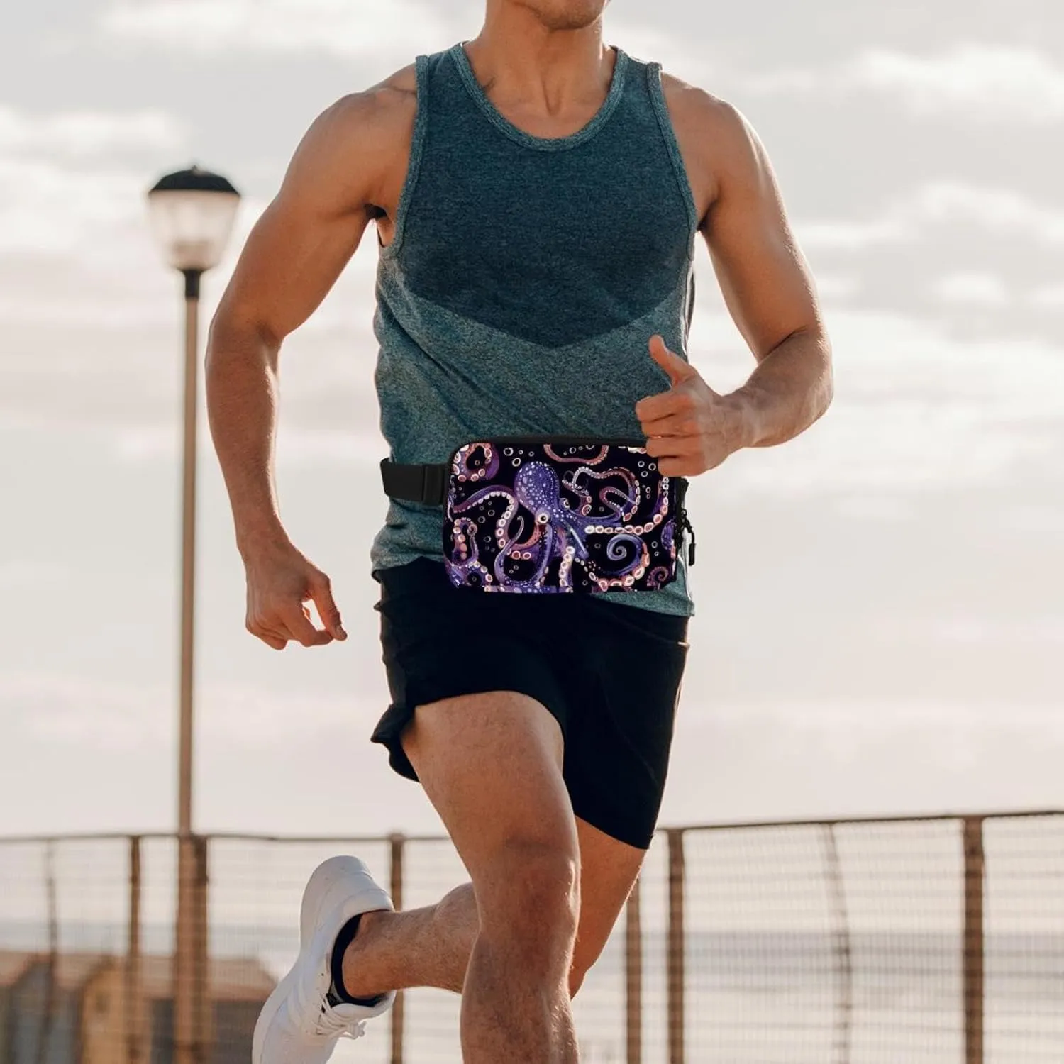 Waterproof Fanny Pack Black Belt Bag with Adjustable Strap for Women and Men,Purple Octopus Pattern Crossbody Fanny Bag with Zipper for Hiking Running Travel