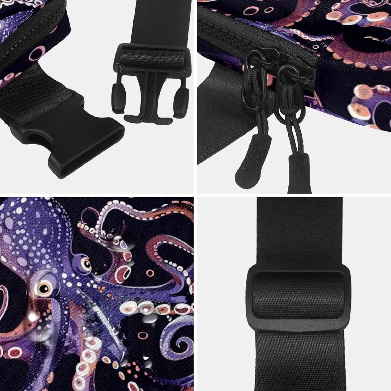 Waterproof Fanny Pack Black Belt Bag with Adjustable Strap for Women and Men,Purple Octopus Pattern Crossbody Fanny Bag with Zipper for Hiking Running Travel
