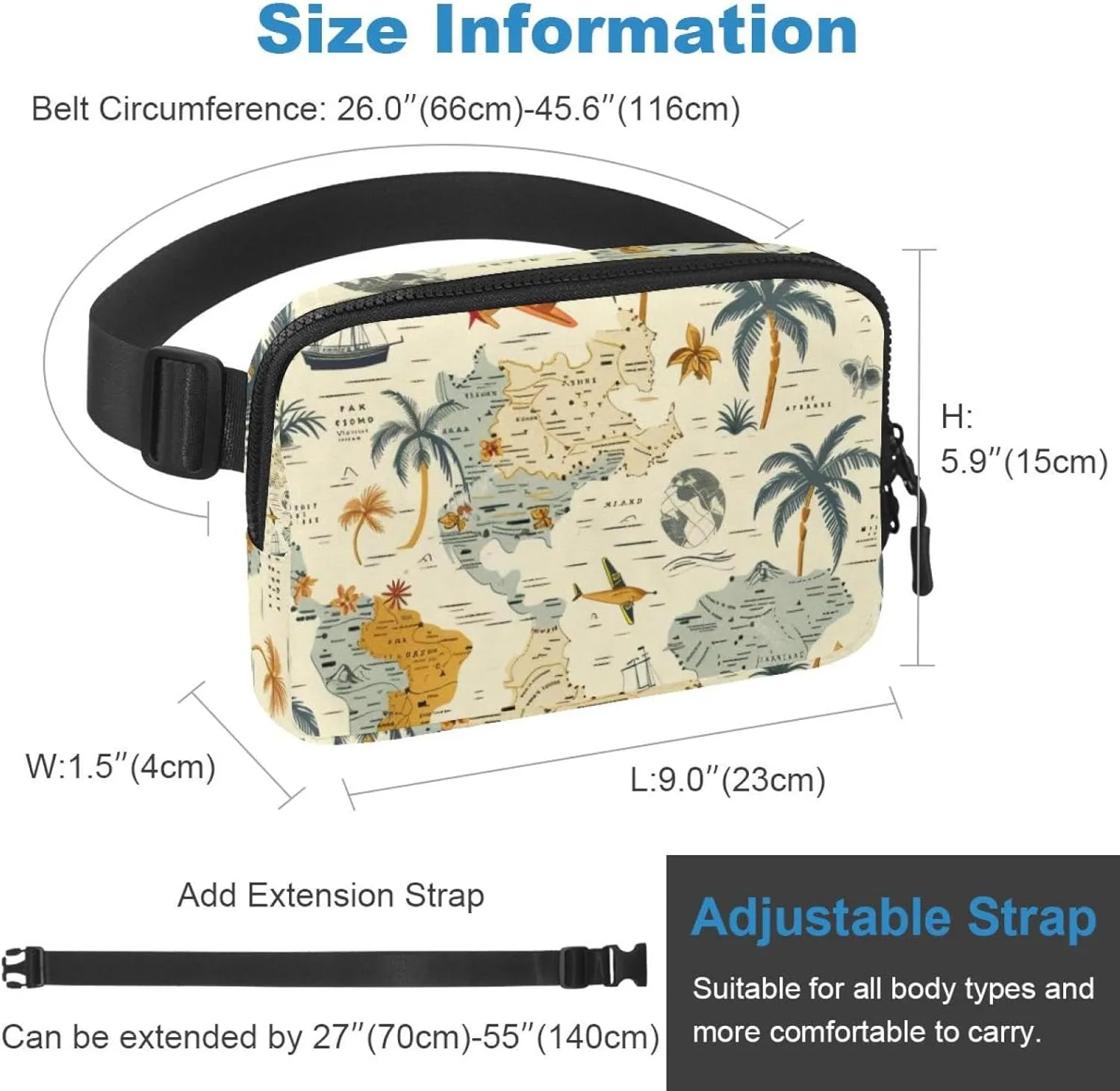 Waterproof Fanny Pack Black Belt Bag with Adjustable Strap for Women and Men,Traveling Map Crossbody Fanny Bag with Zipper for Hiking Running Travel
